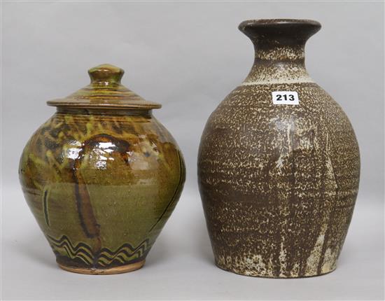 A Michael Leach Yelland Pottery vase and a Clive Bowen Studio Pottery jar and cover, H 32 & 26cm approx